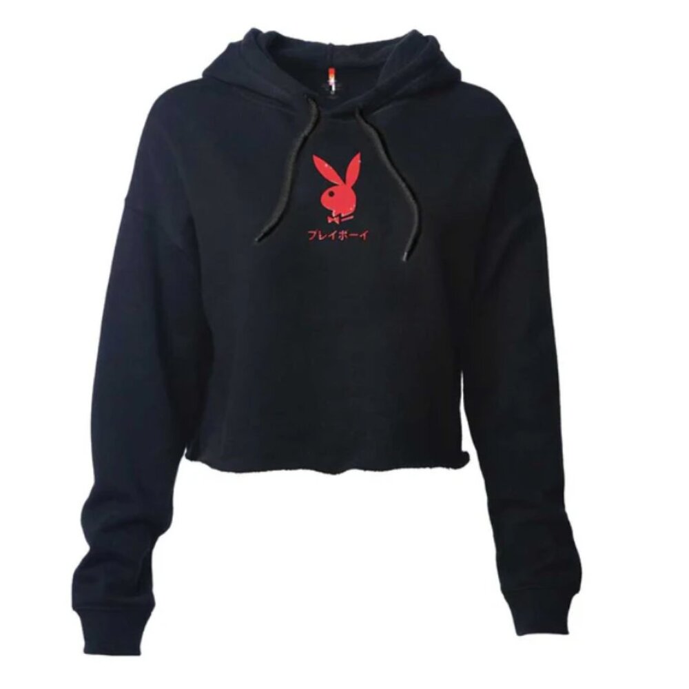 Playboy Rabbit Head Black Crop Hoodie NWT
